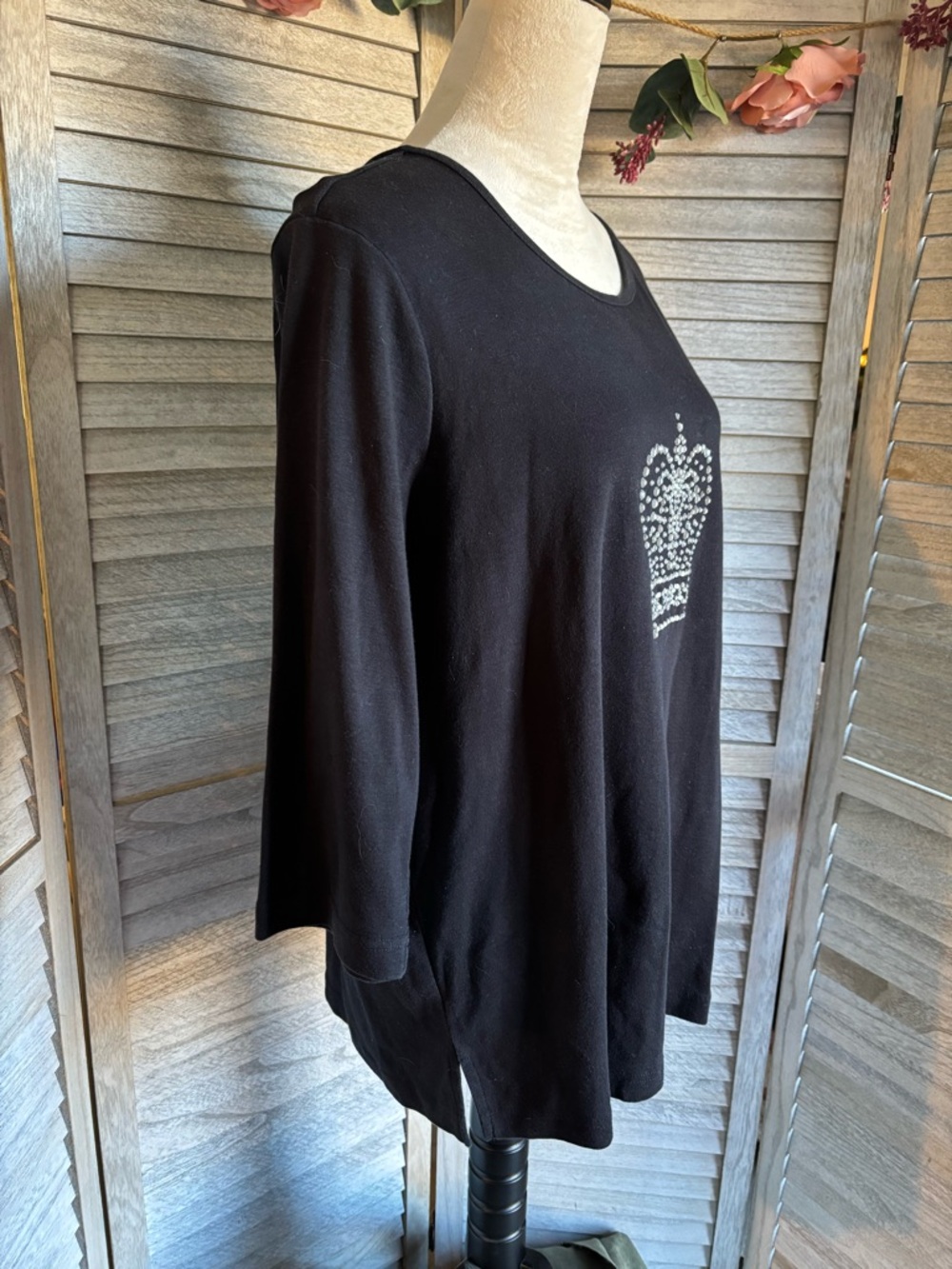 Vintage Quacker Factory Women’s SZ 2X Black 3/4 Sleeve Shirt w/Rhinestone Crown - Picture 2 of 9